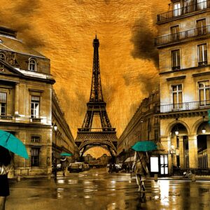 Poster Turnul Eiffel într-o scenă urbană aurie