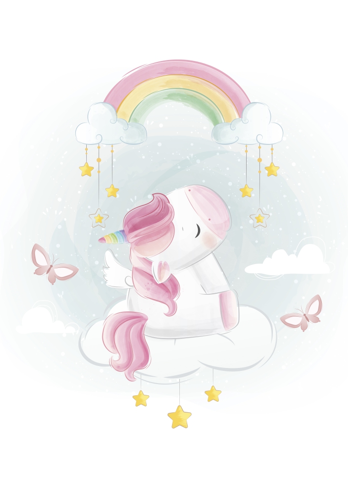 Poster Unicorn pe un nor sub curcubeu