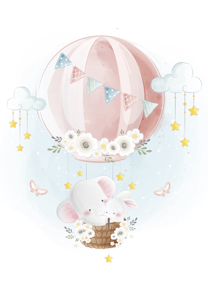 Poster Elefant și iepuraș într-un balon roz