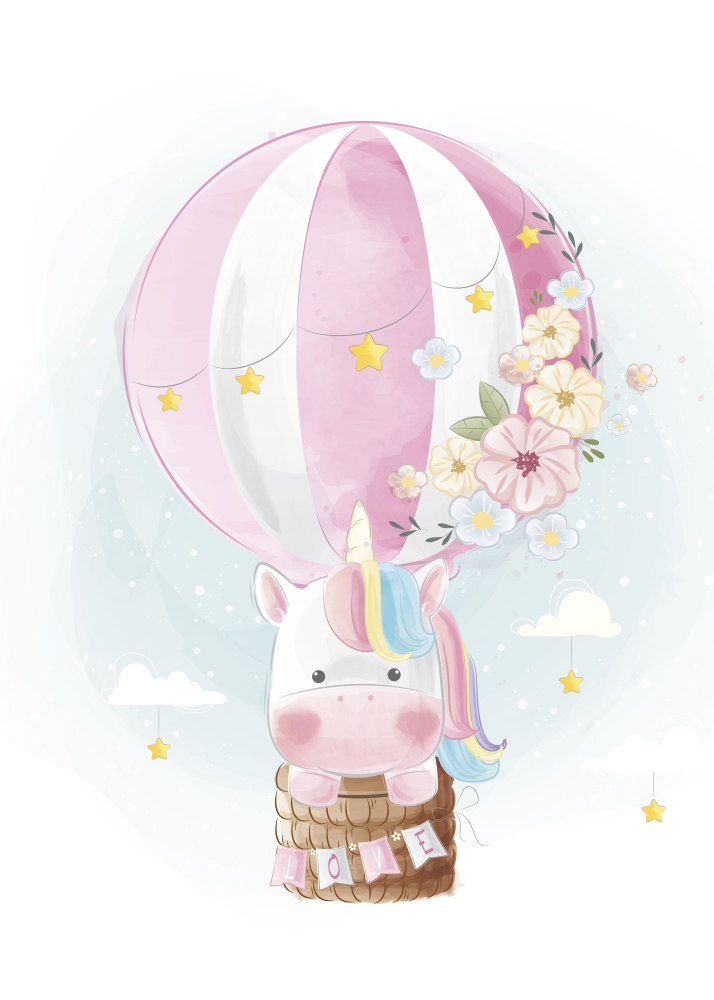 Poster Unicorn în balon roz decorat cu flori
