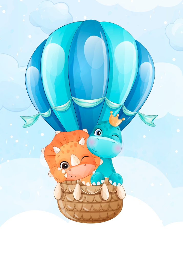 Poster Dinozauri simpatici în balon cu aer cald