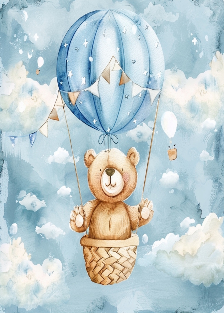 Poster Ursuleț aventurier în balon albastru printre nori
