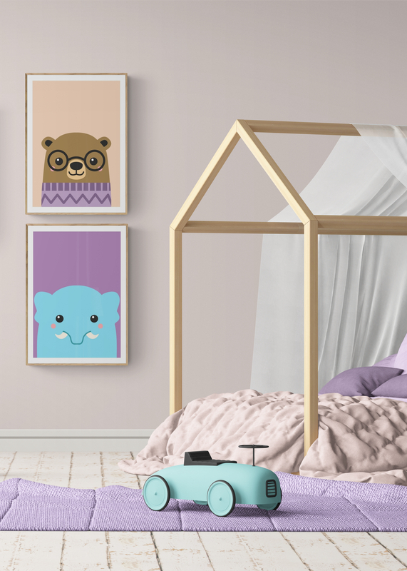 Mockup Poster Elefant albastru pe fundal mov