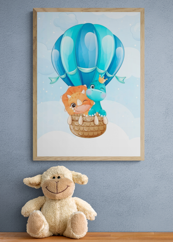 Mockup Poster Dinozauri simpatici în balon cu aer cald