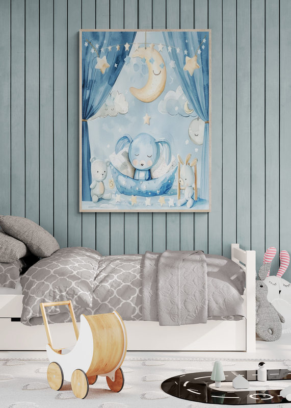 Mockup Poster Iepuraș adormit în căsuța de vis sub luna liniștită