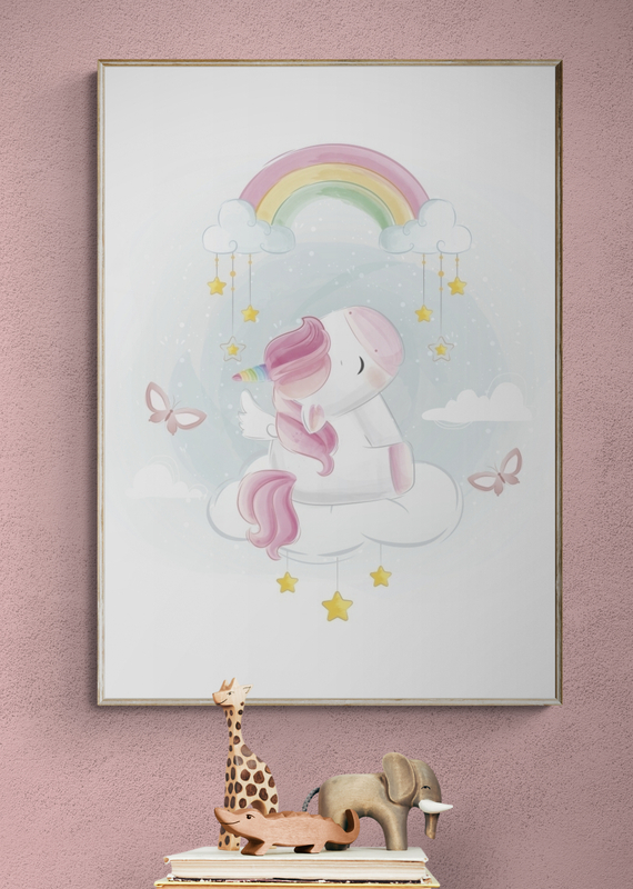 Mockup Poster Unicorn pe un nor sub curcubeu