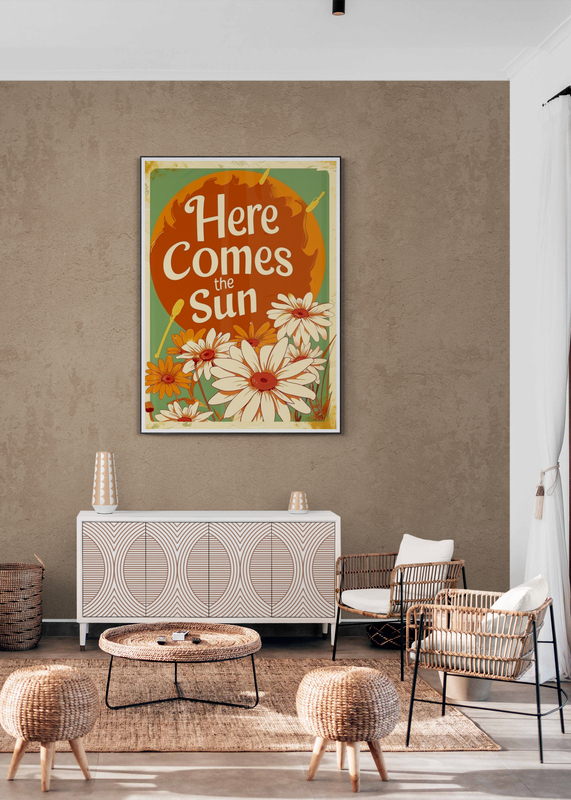 Mockup Poster Mesaj motivațional cu flori „Here Comes the Sun