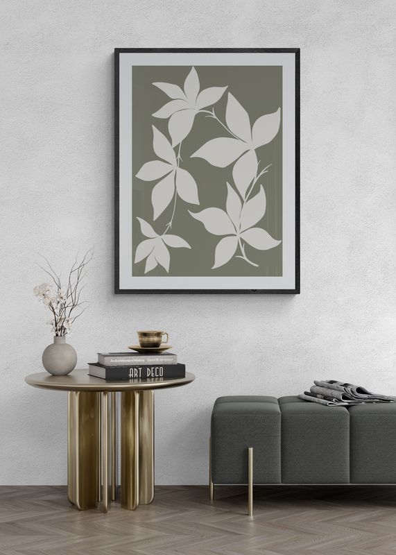 Mockup Poster Frunziș minimalist pe fundal verde olive