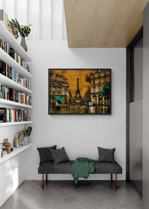 Mockup Poster Turnul Eiffel într-o scenă urbană aurie