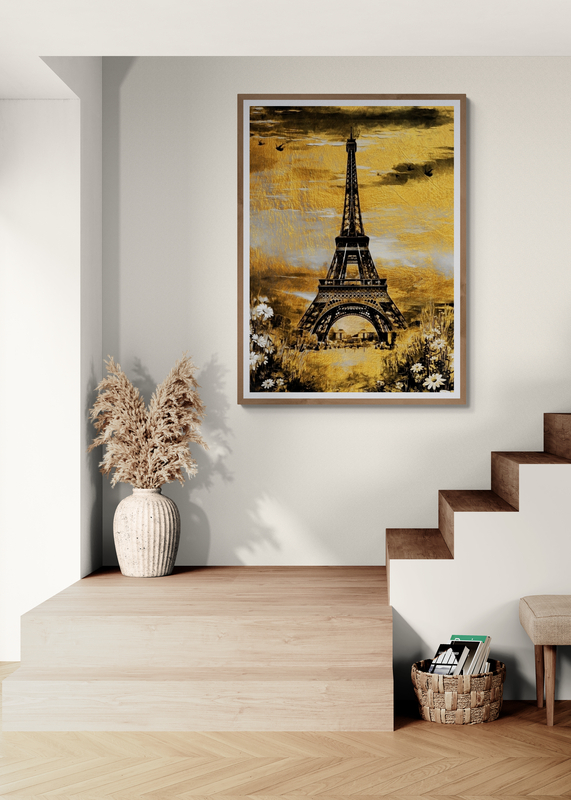 Mockup Poster Turn Eiffelului într-un peisaj floral