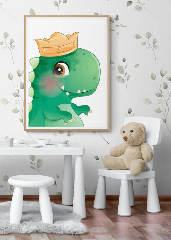 Mockup Poster Dinozaur verde cu coroană aurie