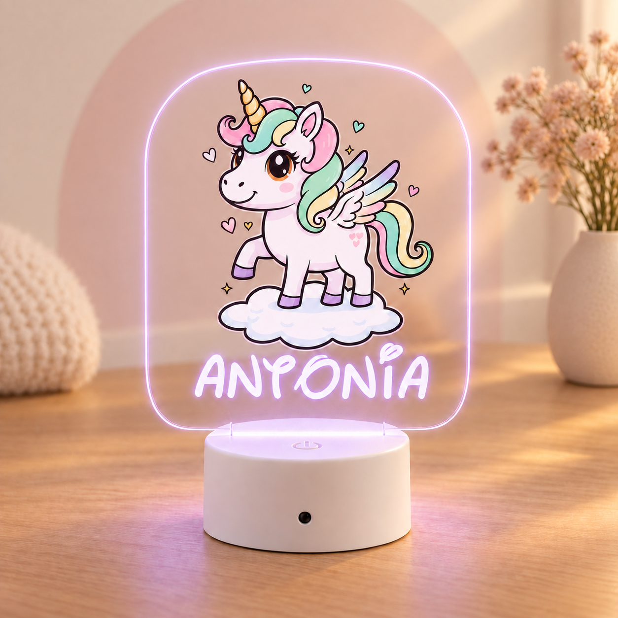 Lampă LED 3D personalizată Unicorn Antonia cu lumina aprinsă