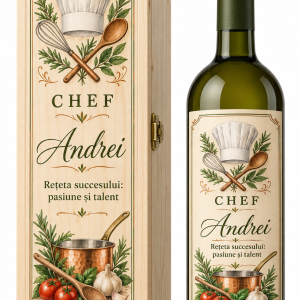 Cutie din lemn Chef și sticlă de prezentare cu etichetă asortată, personalizate Andrei, cu ustensile și ierburi aromatice