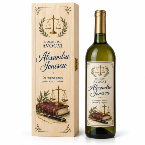 Cutie din lemn Domnului avocat Alexandru Ionescu, cu balanța justiției, carte și stilou, lângă sticlă de prezentare cu etichetă asortată