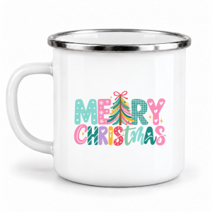 Cană emailată de Crăciun, Merry Christmas - Litere pastelate, albă, margine inox