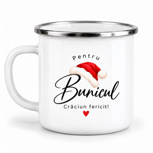 Cană emailată de Crăciun, Pentru bunicul - Căciulă de Moș Crăciun, albă, margine inox