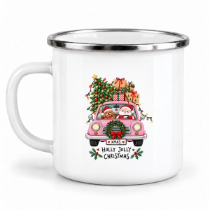 Cană emailată de Crăciun, Holly Jolly Christmas - Moșul în mașină roz, albă, margine inox