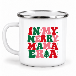 Cană emailată de Crăciun, In My Merry Mama Era, albă, margine inox