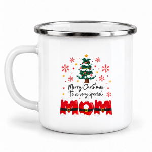 Cană emailată de Crăciun, Merry Christmas to a Very Special Mom - Litere Moș Crăciun, albă, margine inox