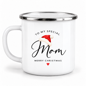 Cană emailată de Crăciun, To My Special Mom - Căciulă de Moș Crăciun, albă, margine inox