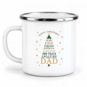 Cană emailată de Crăciun, Happy Christmas to My Amazing Dad - Brad din cuvinte, albă, margine inox