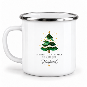 Cană emailată de Crăciun, Merry Christmas to a Special Husband - Brad verde și auriu, albă, margine inox
