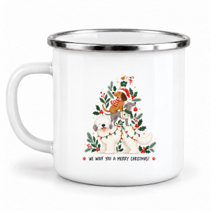 Cană emailată de Crăciun, We Woof You a Merry Christmas - Căței de Crăciun, albă, margine inox