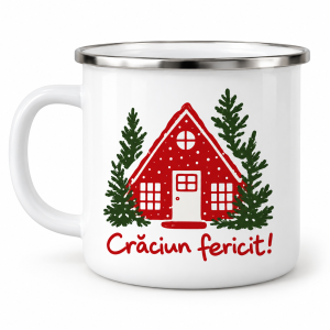 Crăciun fericit la cabană – cană emailată de Crăciun