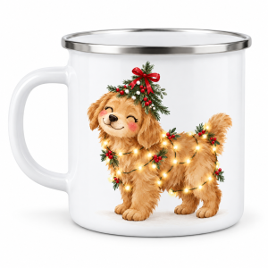 Golden Retriever de Crăciun cu luminițe – cană emailată de Crăciun