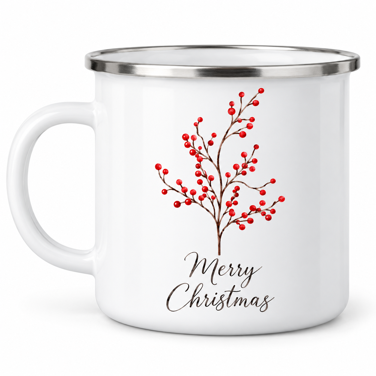 Merry Christmas - Crenguță cu fructe roșii – cană emailată de Crăciun