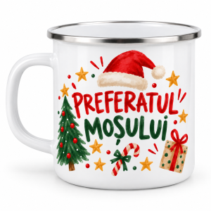 Preferatul Moșului - Ilustrație festivă – cană emailată de Crăciun