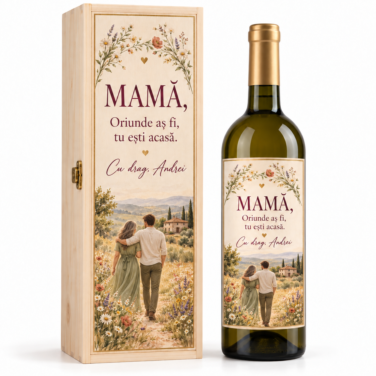 Cutie din lemn și sticlă de prezentare cu etichetă asortată — Mamă, oriunde aș fi, tu ești acasă. Personalizare exemplu: Andrei.