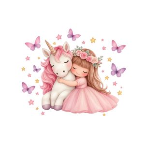 Fetiță și unicorn – îmbrățișare – sticker reaplicabil