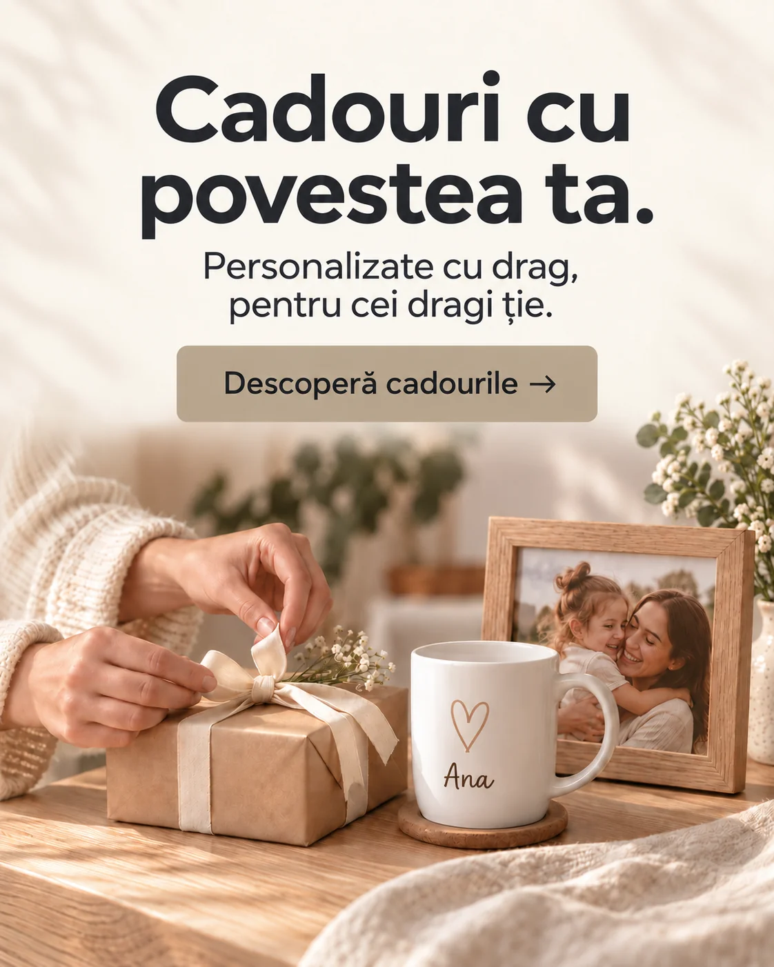 Cadouri cu povestea ta. Personalizate cu drag, pentru cei dragi ție. Descoperă cadourile.
