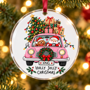 Glob de Crăciun din plexiglas – Holly Jolly Christmas – mașină roz