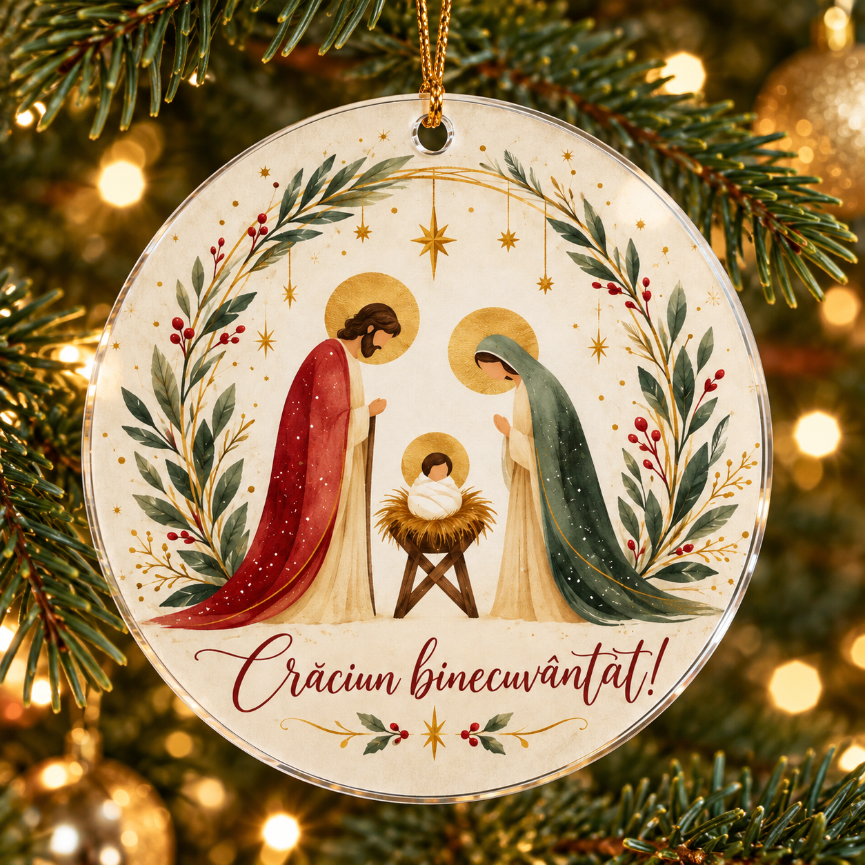 Glob de Crăciun din plexiglas – Crăciun binecuvântat – Sfânta Familie