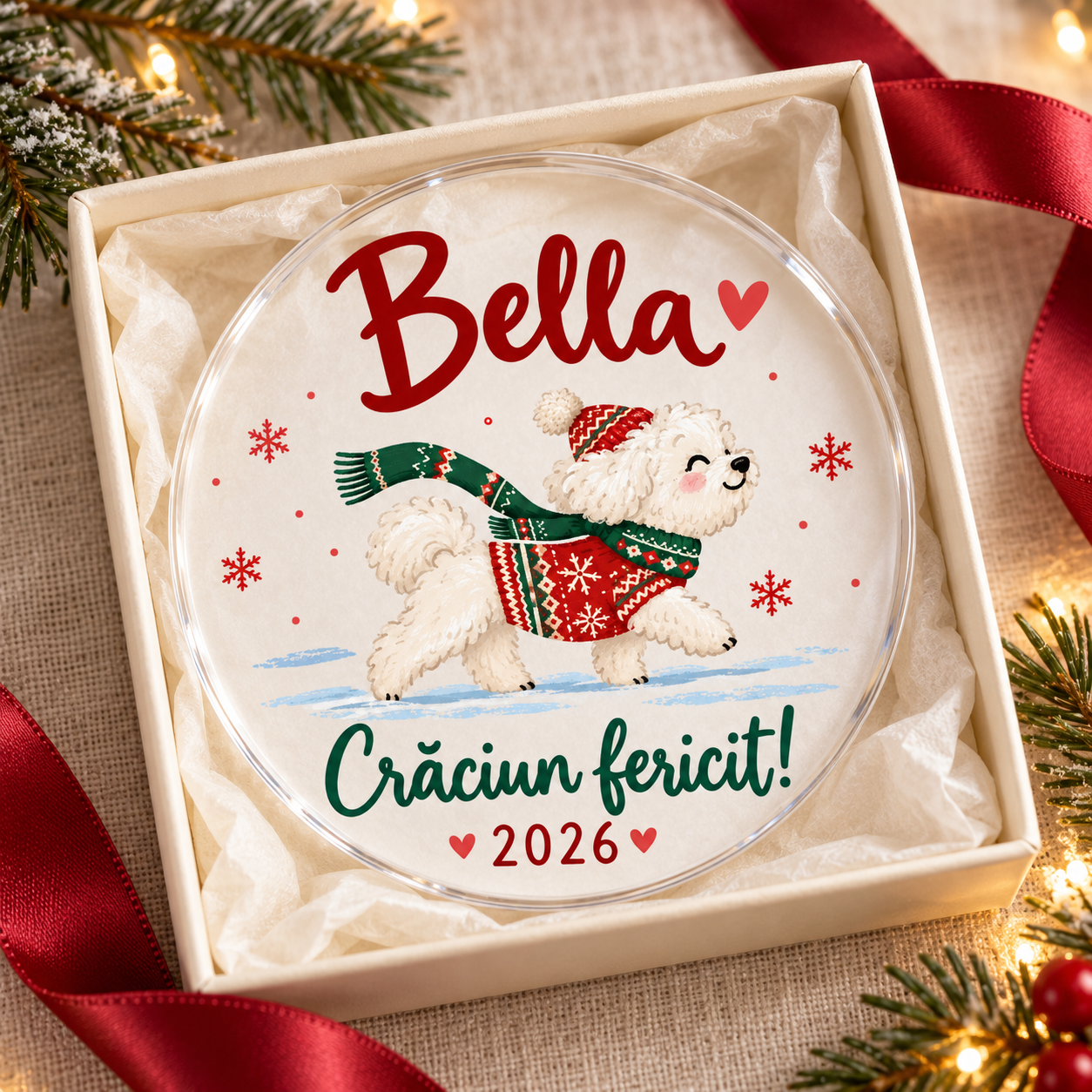 Glob personalizat de Crăciun – Cățeluș alb în zăpadă