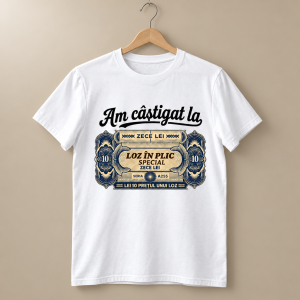 Tricou alb Am câștigat la, cu ilustrație vintage de loz în plic