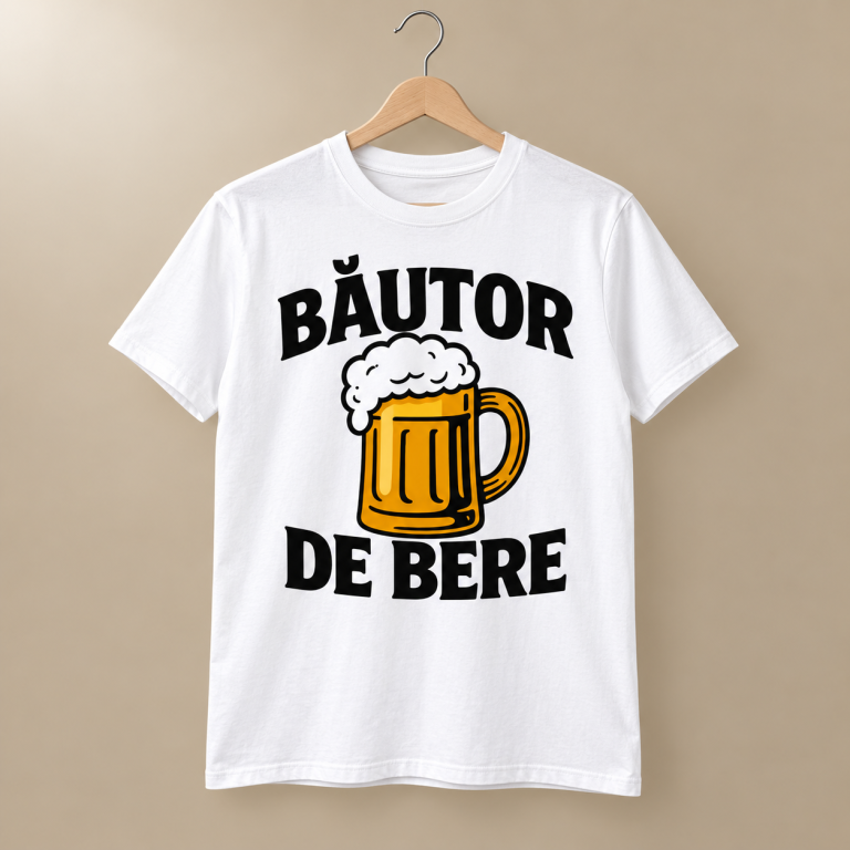 Tricou alb Băutor de bere cu text negru și halbă aurie