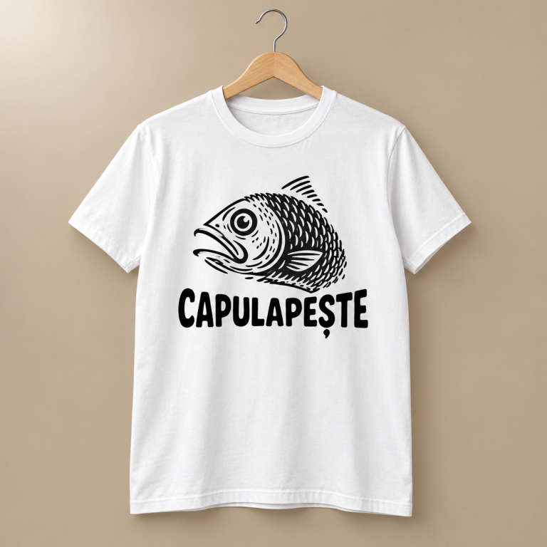 Tricou alb Capulapește cu ilustrație neagră de cap de pește