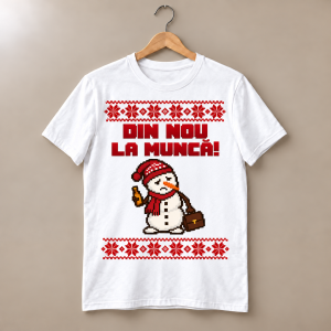 Tricou alb Din nou la muncă, cu om de zăpadă mahmur din pătrățele, sticlă, servietă și motive roșii