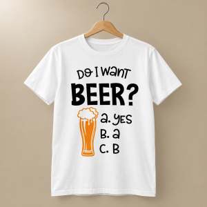 Tricou alb Do I want beer cu variante de răspuns și pahar portocaliu