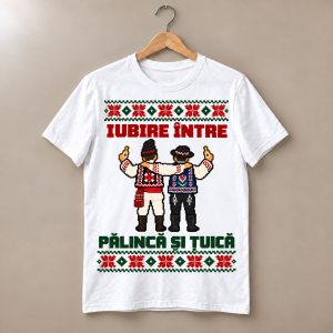 Tricou alb cu doi bărbați din spate în port popular românesc și unguresc, brațe pe după umeri, sticle și text Iubire între pălincă și țuică