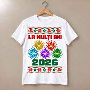 Tricou alb La mulți ani 2026 cu artificii colorate din pătrățele și motive populare roșii-verzi