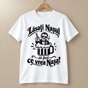 Tricou alb Lăsați Nașul să facă ce vrea Nașa, cu personaj comic și halbă desenate în negru