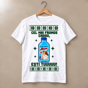 Tricou alb cu sticlă albastră Mona de alcool sanitar în stil geometric și mesajul Cel mai frumos cadou ești tuuuuu