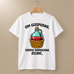 Tricou alb Om gospodar, verific damigeana zilnic cu damigeană turcoaz și vin roșu