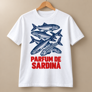 Tricou alb cu sardine bleumarin și text roșu Parfum de sardină
