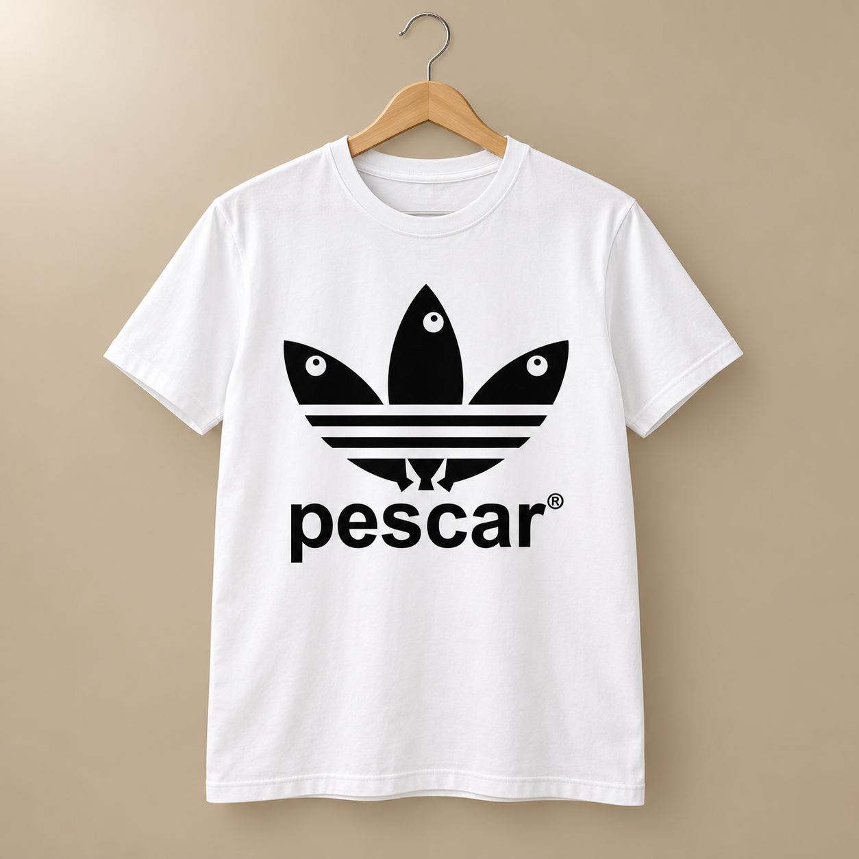 Tricou alb Pescar cu emblemă neagră din trei pești