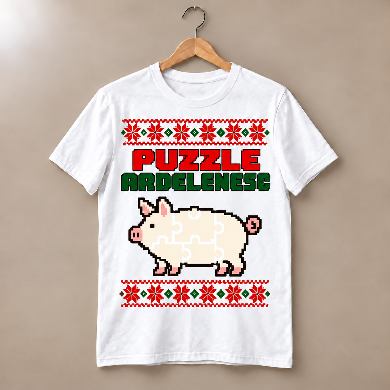 Tricou alb Puzzle ardelenesc cu porc alb din cinci piese de puzzle apropiate, stil pixel și motive roșii-verzi